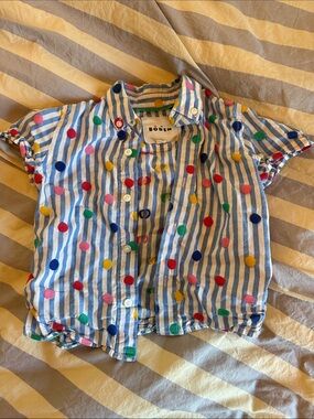 Boden Blue and White Striped Button-Down with Multicolor Polka Dots